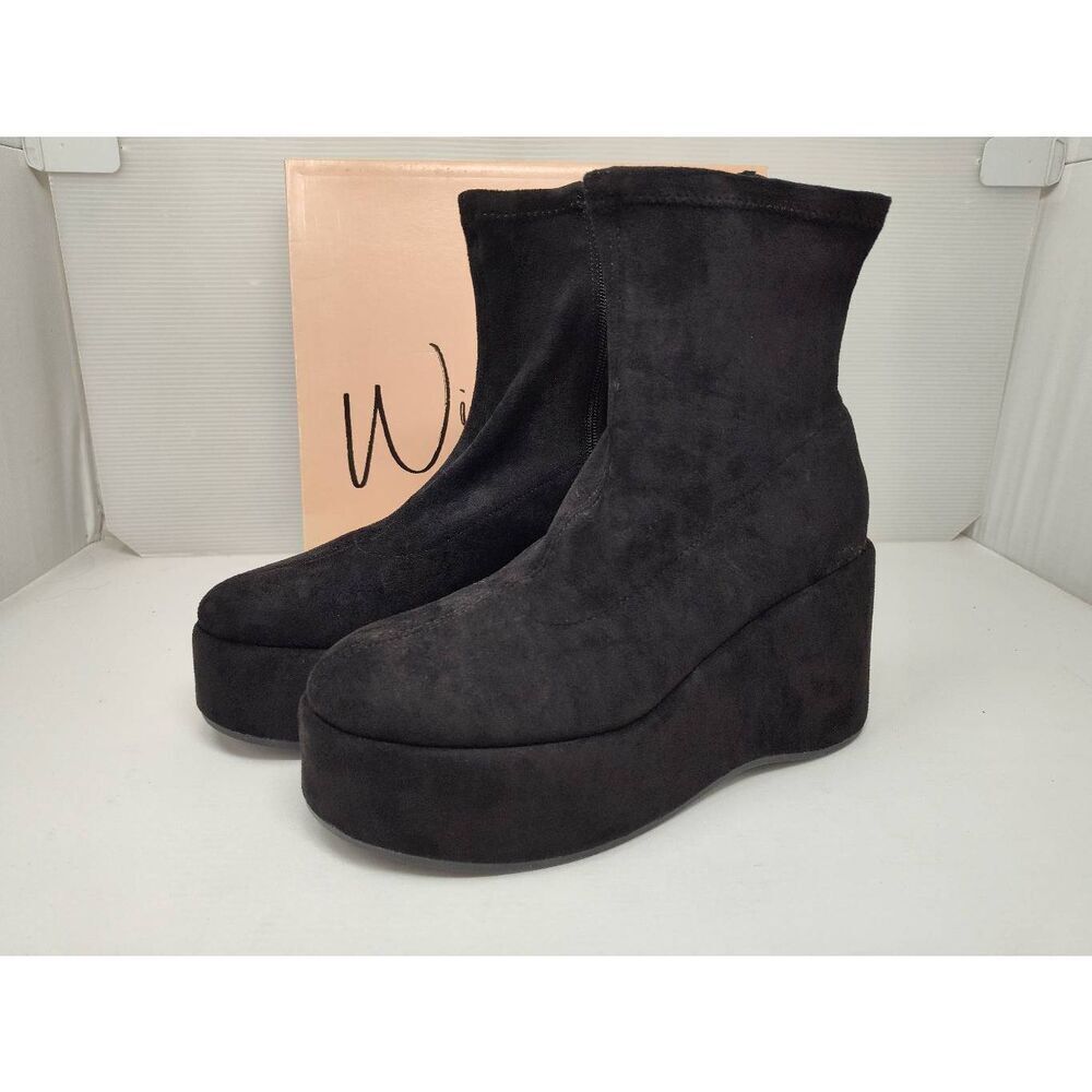WILD PAIR Womens Black 2" Wedge Zip-Up Heeled Boots NIB 8.5